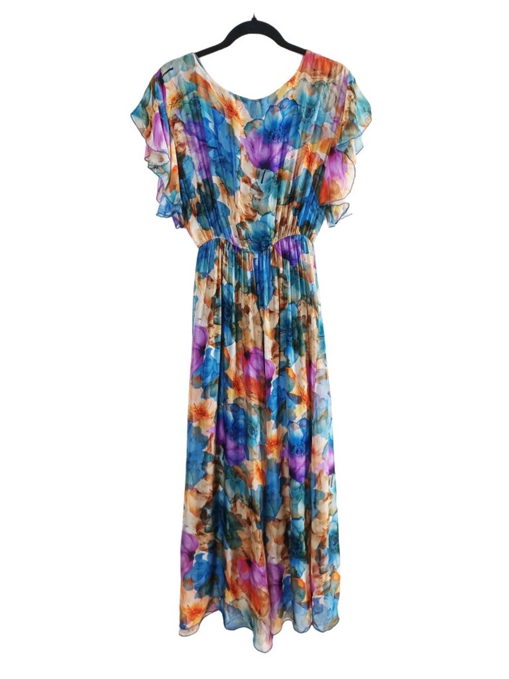 Le Ragazze Silk-Blend Floral-Watercolour Flutter Sleeve Maxi Dress (M) - Picture 3 of 16
